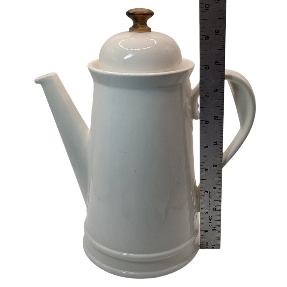 Vintage Stoneware Coffee Pot with Lid White Wooden Knob on Lid Ten Inch Six Cups